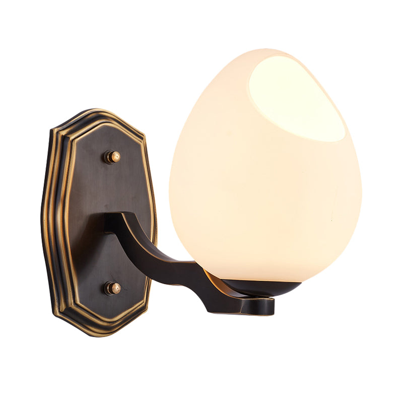 Traditionalist Egg-Like Wall Sconce Lighting 1 Light White Frosted Glass Wall Lamp in Black