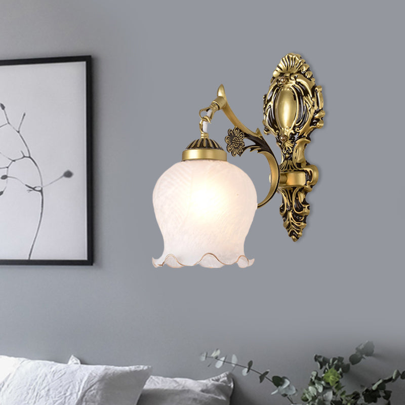 Antiqued Flower Wall Mount Lighting 1/2-Head Opal Glass Wall Lamp Fixture in Bronze for Bedroom