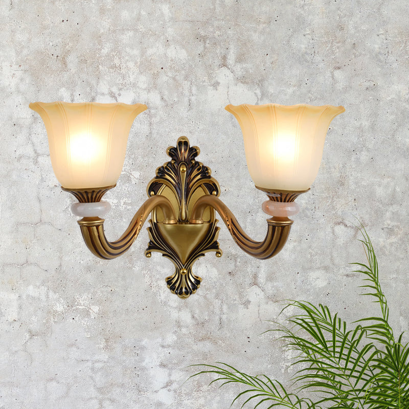 1/2-Head Wall Light Sconce Traditional Flower-Shape Opal Glass Up Wall Mount Lamp Fixture in Brass