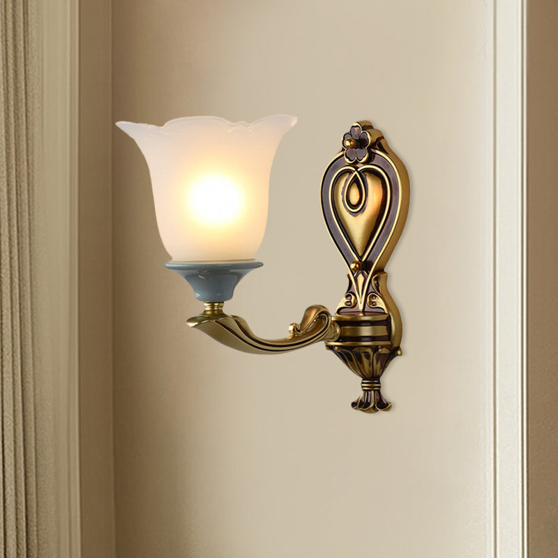 1/2-Head Wall Light Sconce Traditional Flower-Shape Opal Glass Up Wall Mount Lamp Fixture in Brass