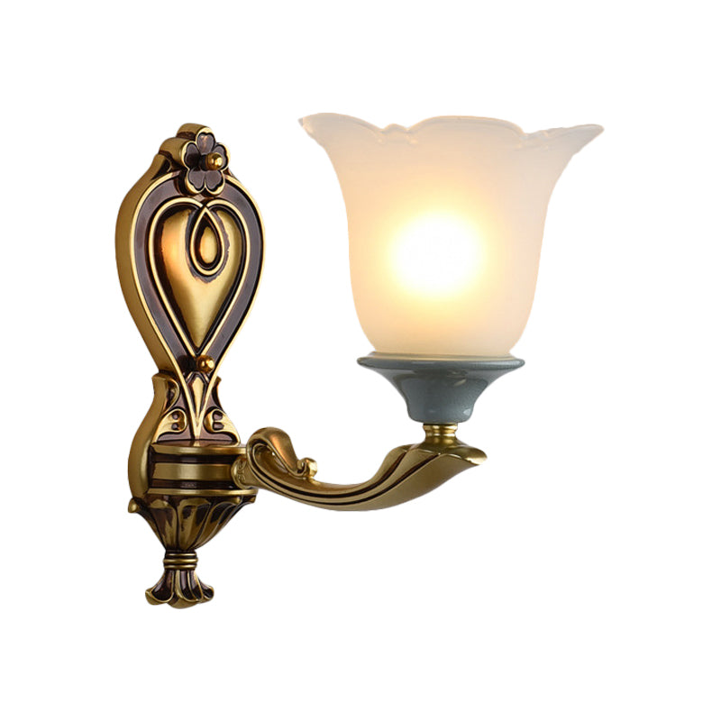 1/2-Head Wall Light Sconce Traditional Flower-Shape Opal Glass Up Wall Mount Lamp Fixture in Brass