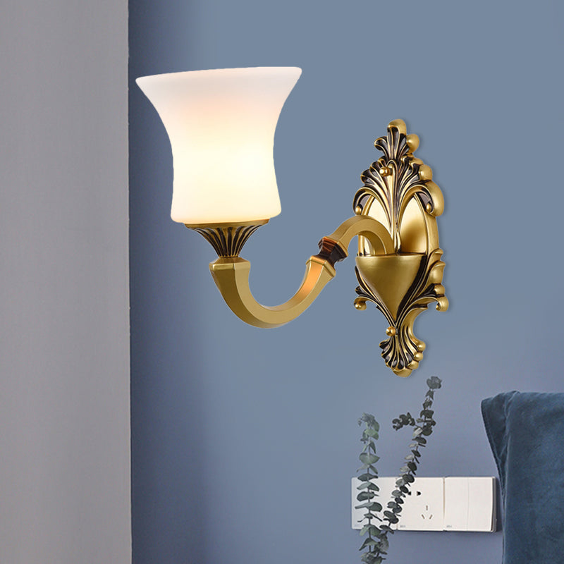 Bell Bedroom Up Wall Mounted Light Antiqued Frosted Glass 1/2-Light Brass Wall Lamp Fixture