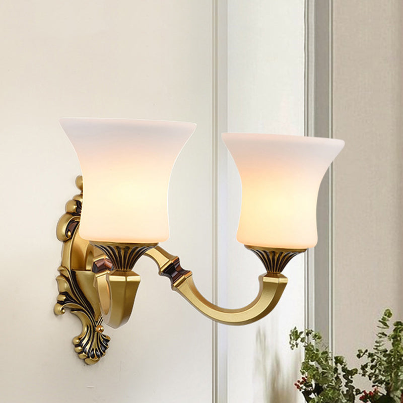 Bell Bedroom Up Wall Mounted Light Antiqued Frosted Glass 1/2-Light Brass Wall Lamp Fixture