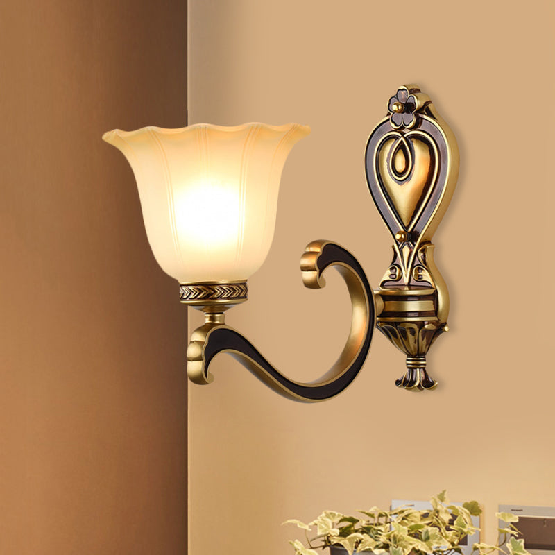 Bell Bedroom Up Wall Mounted Light Antiqued Frosted Glass 1/2-Light Brass Wall Lamp Fixture