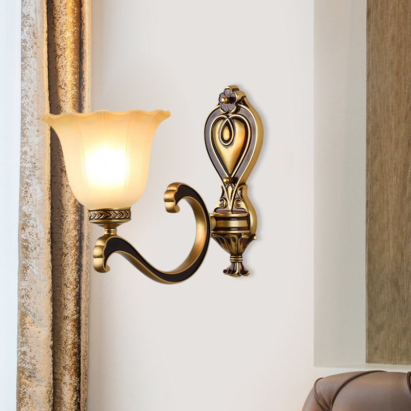 Bell Bedroom Up Wall Mounted Light Antiqued Frosted Glass 1/2-Light Brass Wall Lamp Fixture