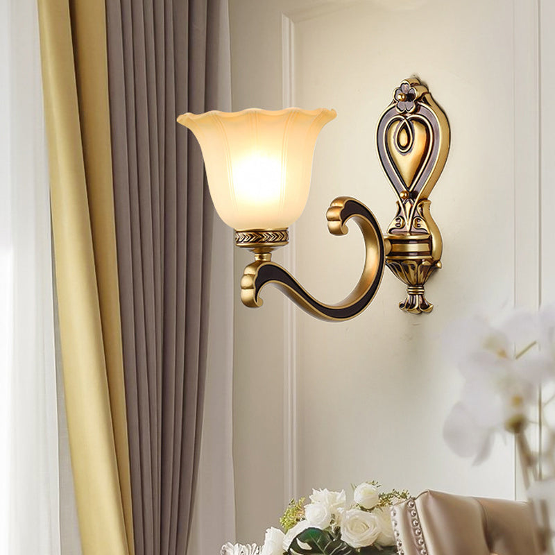 Bell Bedroom Up Wall Mounted Light Antiqued Frosted Glass 1/2-Light Brass Wall Lamp Fixture