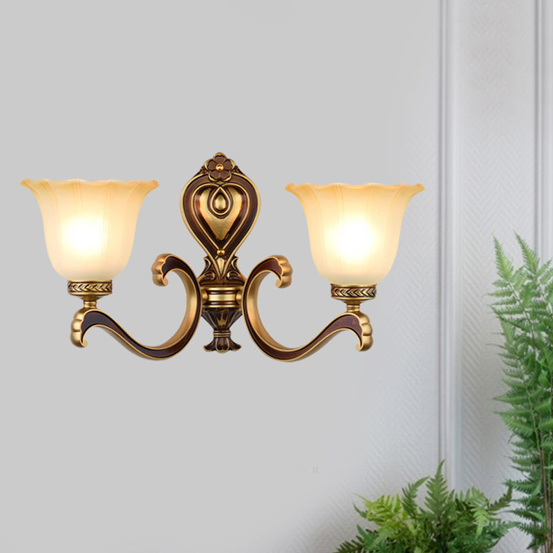 Bell Bedroom Up Wall Mounted Light Antiqued Frosted Glass 1/2-Light Brass Wall Lamp Fixture