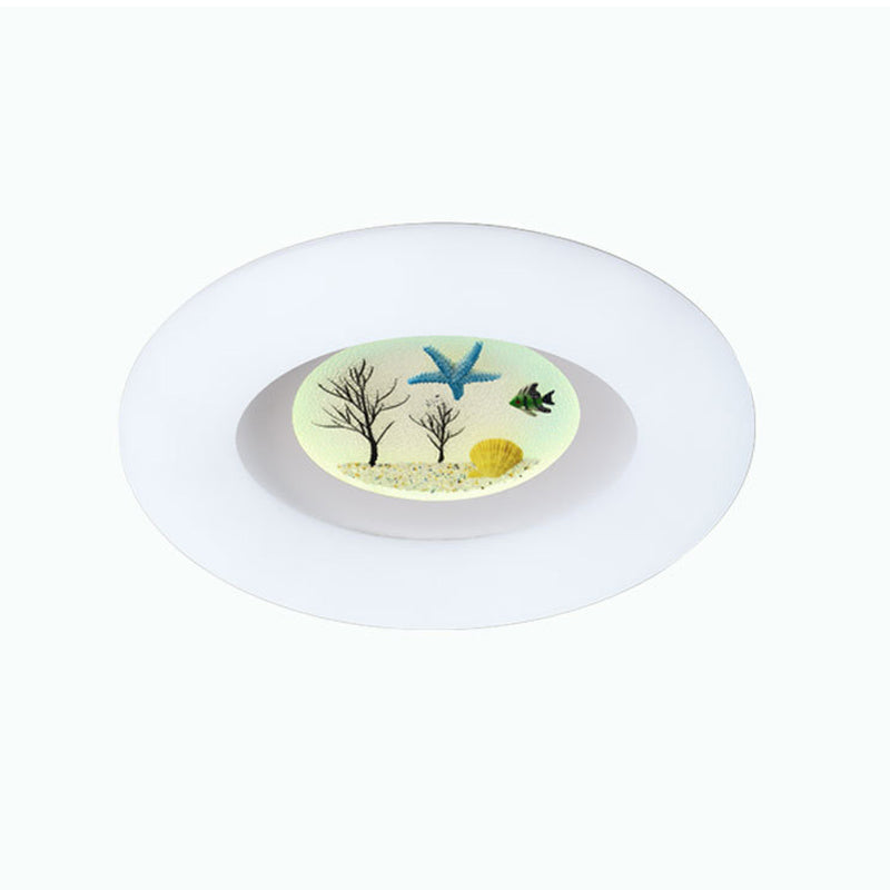 White Ring Ceiling Mounted Fixture Kids LED Acrylic Flush Mount with Ocean Pattern for Living Room