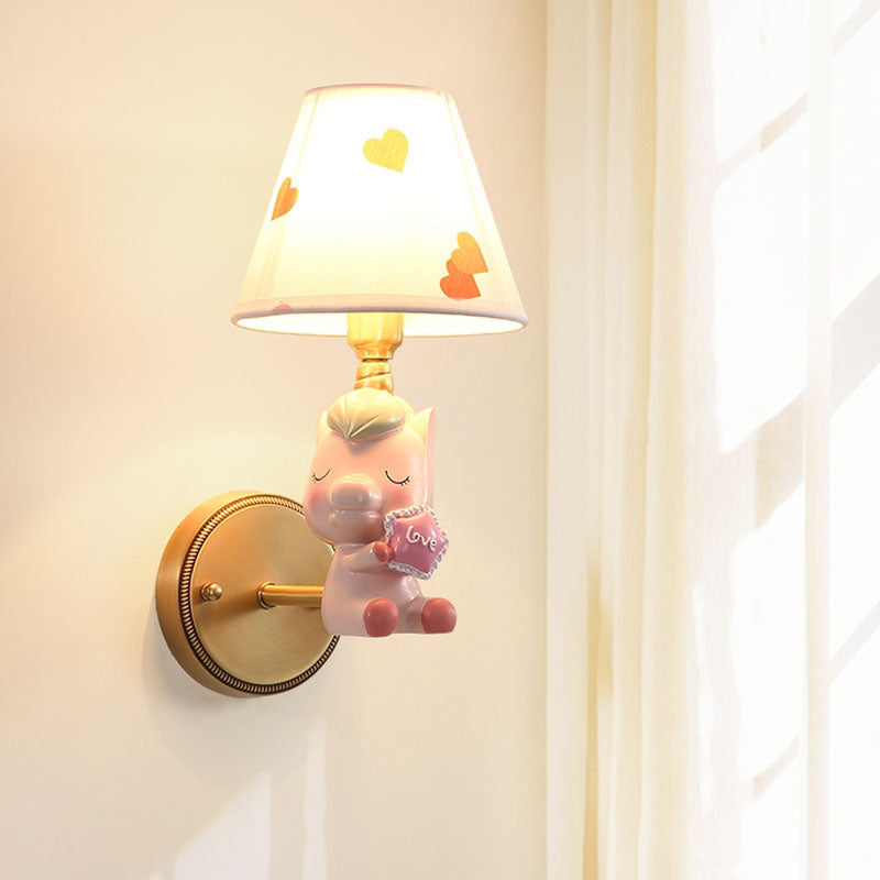 Niños Cartoon Pony Metal Lighting de pared de pared de una sola iluminación de apliques para dormitorio en rosa/azul