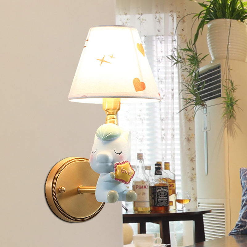 Niños Cartoon Pony Metal Lighting de pared de pared de una sola iluminación de apliques para dormitorio en rosa/azul