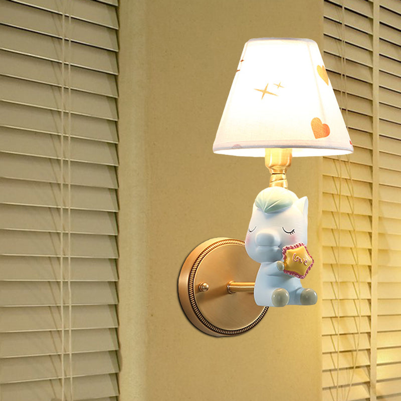 Niños Cartoon Pony Metal Lighting de pared de pared de una sola iluminación de apliques para dormitorio en rosa/azul