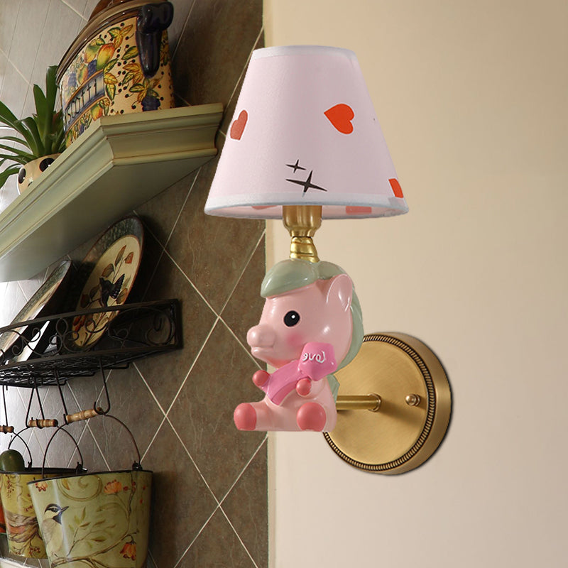 Barrel Metal Sconce Kids Single Light Pink/Blue Wall Mounted Light Fixture with Cartoon Pony Base