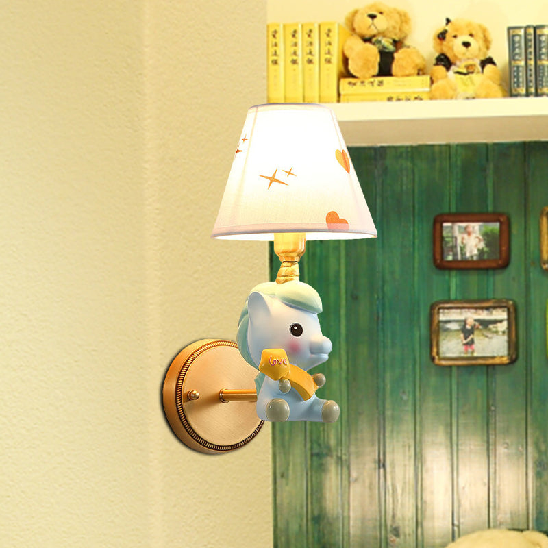 Barrel Metal Sconce Kids Single Light Pink/Blue Wall Mounted Light Fixture with Cartoon Pony Base
