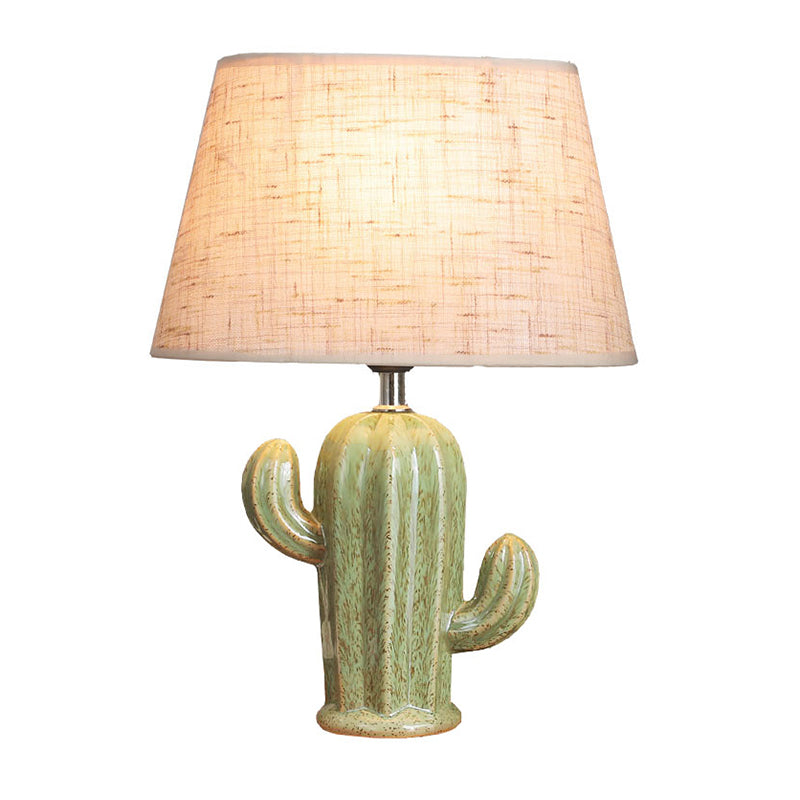Porcelain Cactus Shape Table Light Contemporary 1 Head Green Nightstand Lamp with Fabric Shade for Bedside