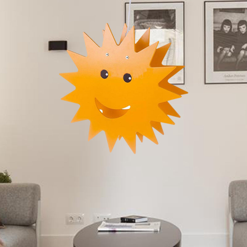 Wood Smiling Sun Hanging Lighting Cartoon 1 Light Yellow Finish Pendant Ceiling Lamp