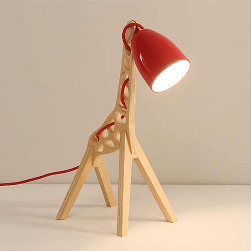 Cartoon Bell Night Light Metal 1-Light Bedroom Table Lamp in Blue/Red/Green with Standing Giraffe Wood Base