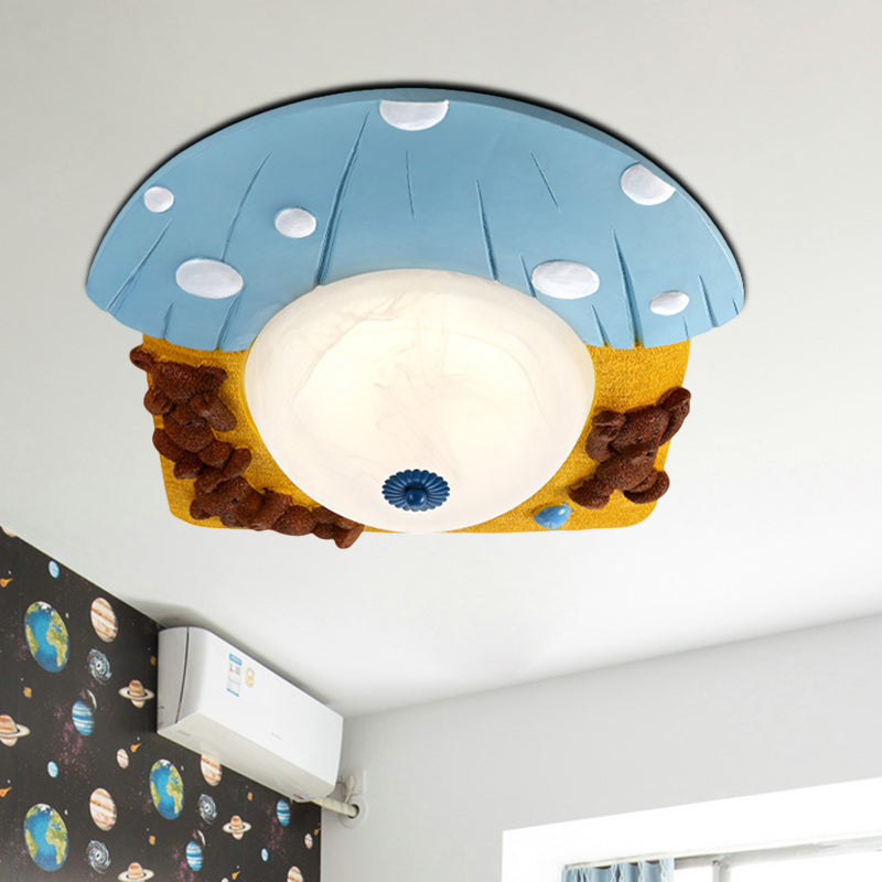 Cartoon Bear Apparecchio Montato a Soffitto Resina LED Kids-Room Illuminazione a Flush in Rosso/Blu con Cupola Bianco Vetro Shade