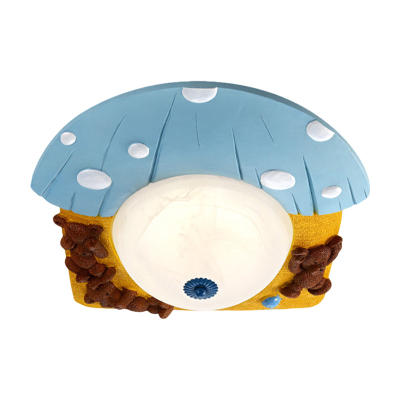 Cartoon Bear Apparecchio Montato a Soffitto Resina LED Kids-Room Illuminazione a Flush in Rosso/Blu con Cupola Bianco Vetro Shade