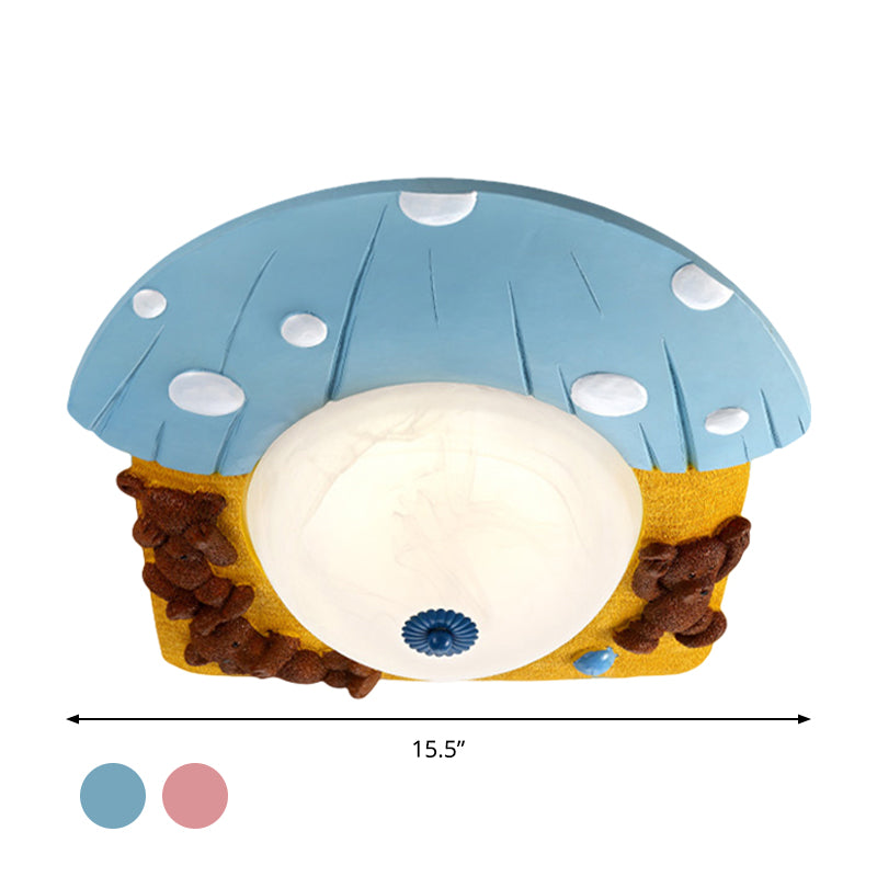 Cartoon Bear Apparecchio Montato a Soffitto Resina LED Kids-Room Illuminazione a Flush in Rosso/Blu con Cupola Bianco Vetro Shade