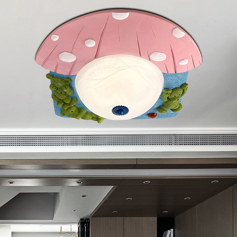 Cartoon Bear Apparecchio Montato a Soffitto Resina LED Kids-Room Illuminazione a Flush in Rosso/Blu con Cupola Bianco Vetro Shade