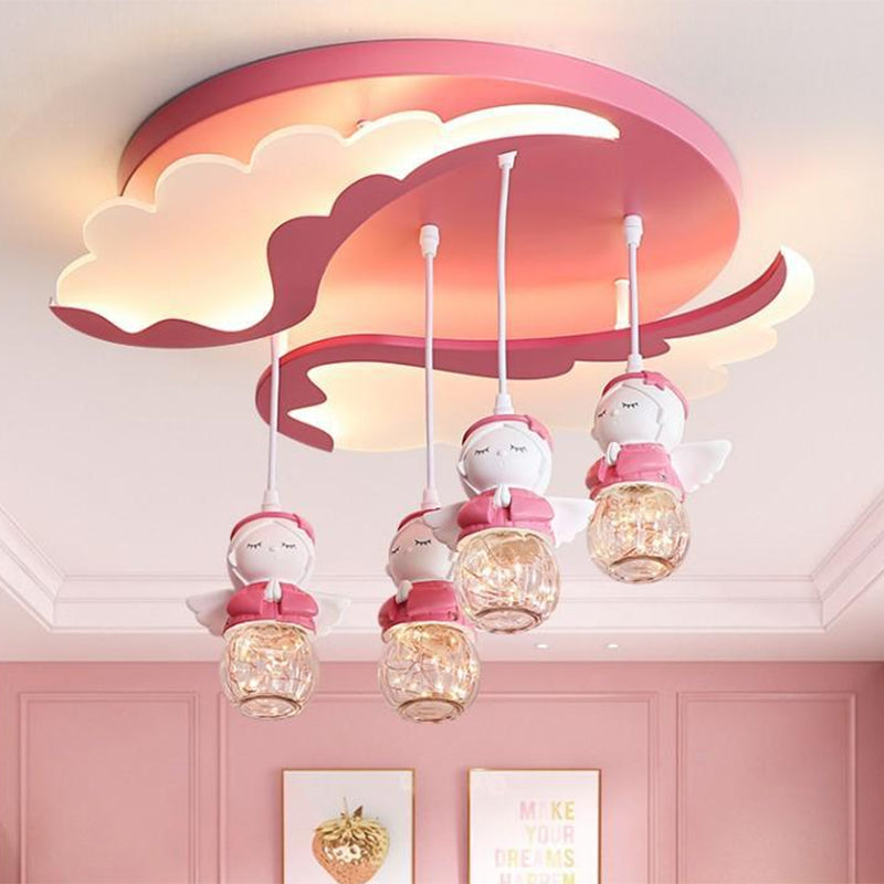 Angle Shape Semi Flush Lighting Cartoon Resin 3/4 Lights Pink Close to Ceiling Lamp with Wing Design