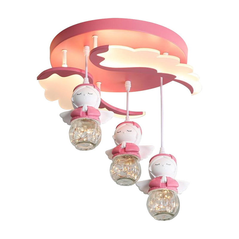 Angle Shape Semi Flush Lighting Cartoon Resin 3/4 Lights Pink Close to Ceiling Lamp with Wing Design