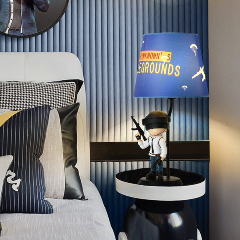 Barrel Night Light Kids Fabric 1 Head Blue Table Lamp for Bedroom with Squatting/Standing Soldier Decoration