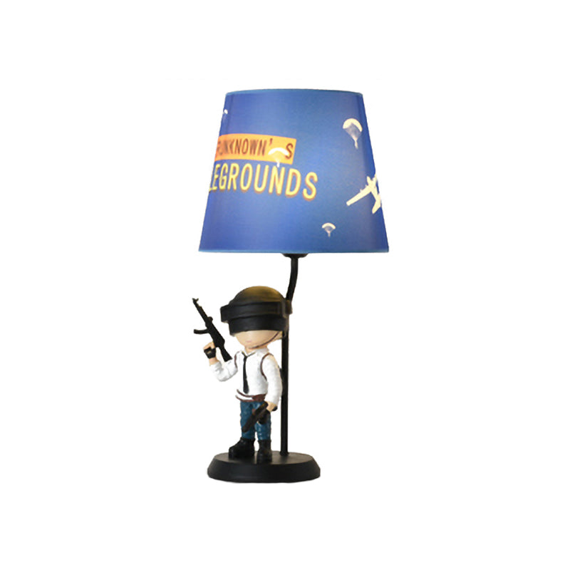 Barrel Night Light Kids Fabric 1 Head Blue Table Lamp for Bedroom with Squatting/Standing Soldier Decoration