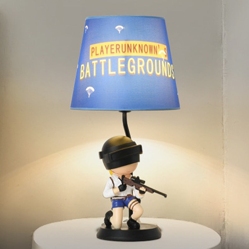 Barrel Night Light Kids Fabric 1 Head Blue Table Lamp for Bedroom with Squatting/Standing Soldier Decoration