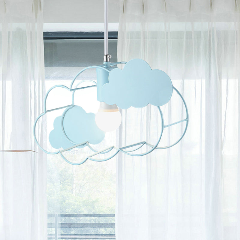 Creative Cloud Frame Metal Hanging Ceiling Light Single Bulb Pendant Light in Blue with Round Conopy
