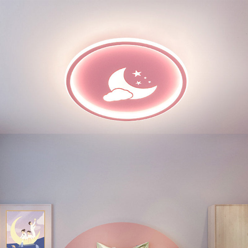 Contemporary Round Acrylic Ceiling Light Fixture Led Flushmount with Moon and Star Pattern in Pink/White