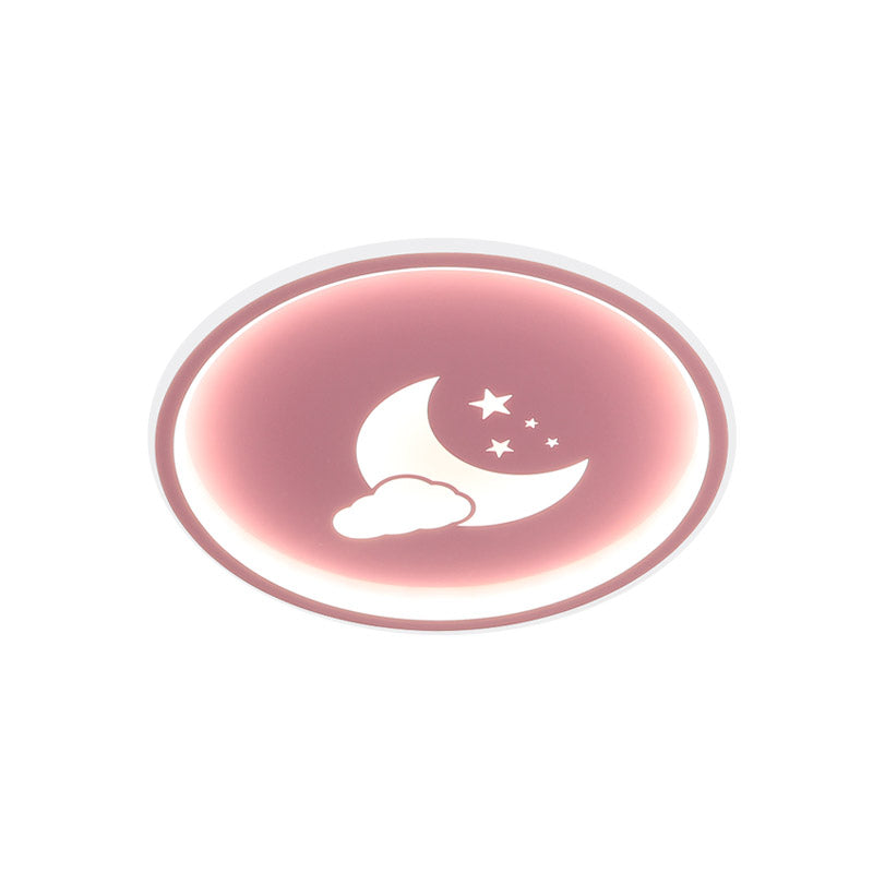 Zeitgenössische runde LED-Deckenleuchte aus Acryl mit Mond- und Sternmuster in Rosa/Weiß