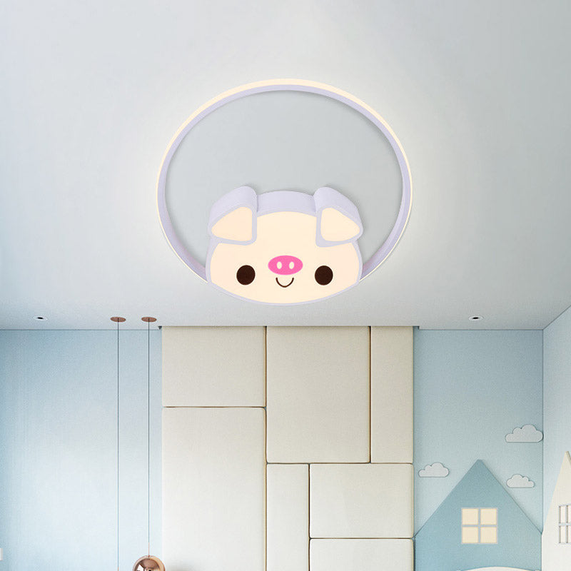 Cartoon Led Flush Mount with Acrylic Shade Pink/White Pig Ceiling Light Fixture for Bedroom