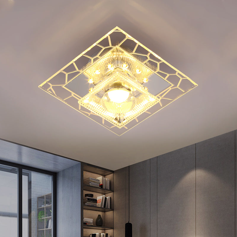 White Square Flushmount Ceiling Fixture Modernism Clear Prism Crystal LED Corridor Flush Light
