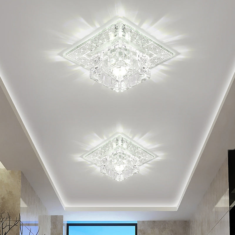 Modernist Square Ceiling Mounted Light LED Clear Crystal Block Flushmount Lighting in White/Warm Light