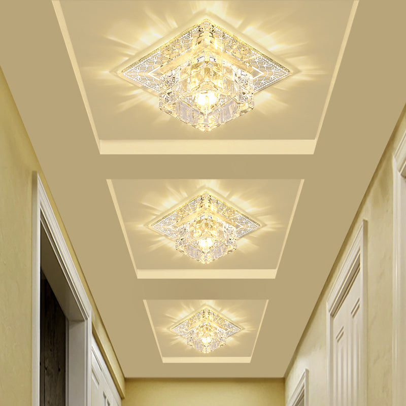 Modernist Square Ceiling Mounted Light LED Clear Crystal Block Flushmount Lighting in White/Warm Light