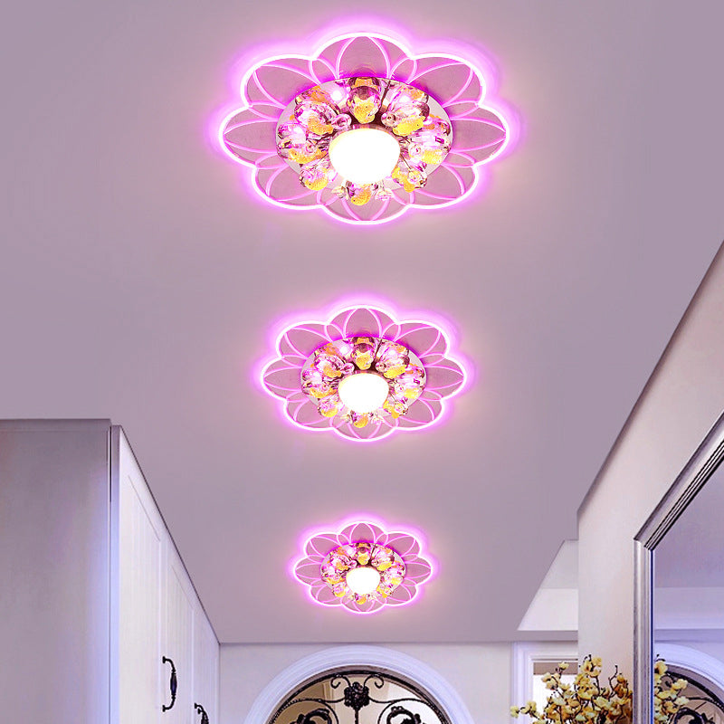 Modernist Flower Ceiling Flush LED Beveled Crystal Flush Mount Lighting Fixture with Fish Design in Warm/Blue/Pink Light