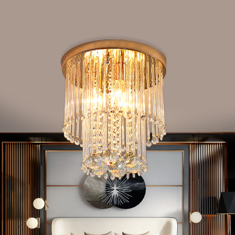2 Bulbs Flush Mount Minimalist 2-Layered Cylinder Clear Crystal Ceiling Light Fixture in Gold