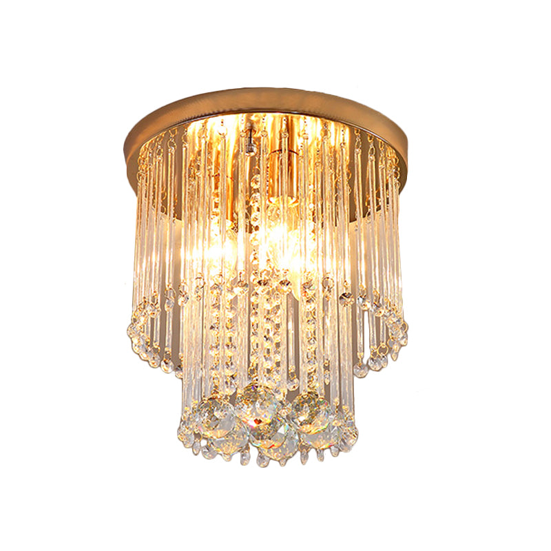 2 Bulbs Flush Mount Minimalist 2-Layered Cylinder Clear Crystal Ceiling Light Fixture in Gold