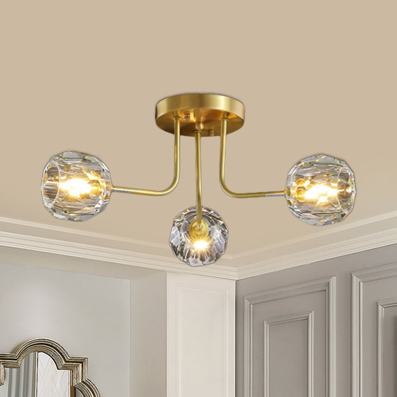 Moderne Ball Semi Flush Light 3/5-Light Clear Crystal Deckenbeleuchtung in Gold mit Sputnik-Design