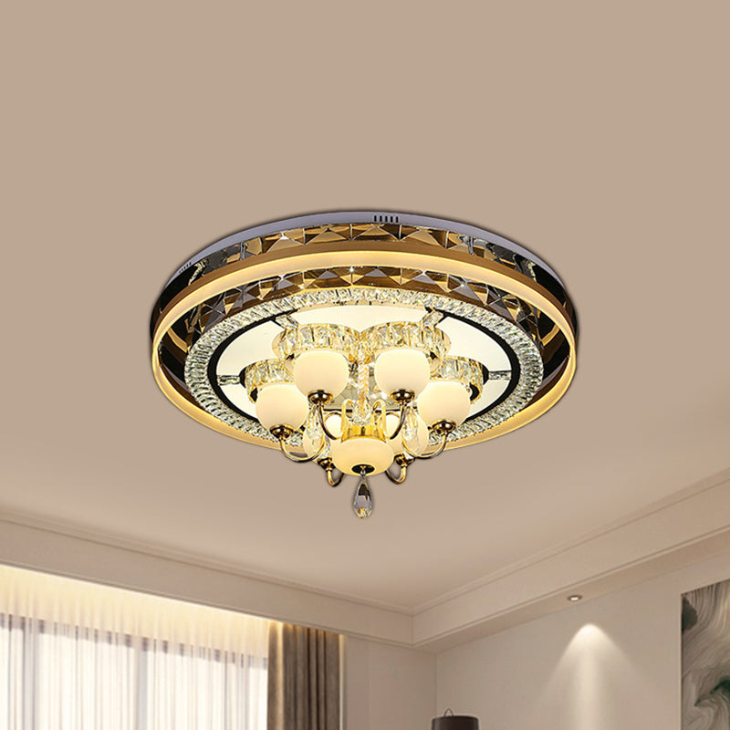LED Circular Flush Light Simple Gold Beveled Crystal Ceiling Lamp with Opal Glass Shade in Remote Control Stepless Dimming