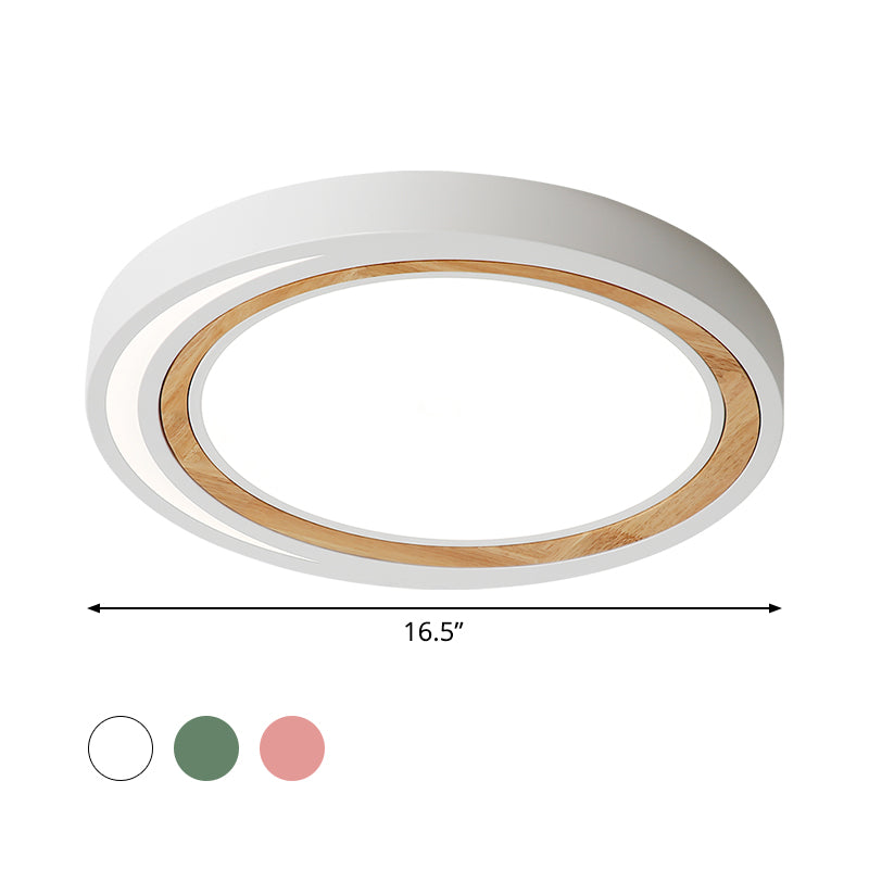 Kids Drum Ceiling Lighting Acrylic Led Bedroom Flush Mount Fixture in White/Pink/Green with Wood Ring