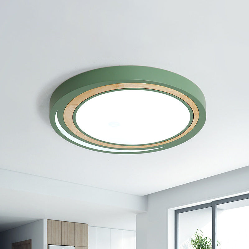 Kids Drum Ceiling Lighting Acrylic Led Bedroom Flush Mount Fixture in White/Pink/Green with Wood Ring