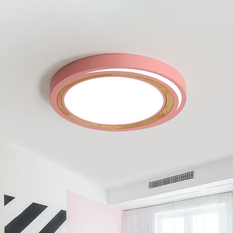 Kids Drum Ceiling Lighting Acrylic Led Bedroom Flush Mount Fixture in White/Pink/Green with Wood Ring