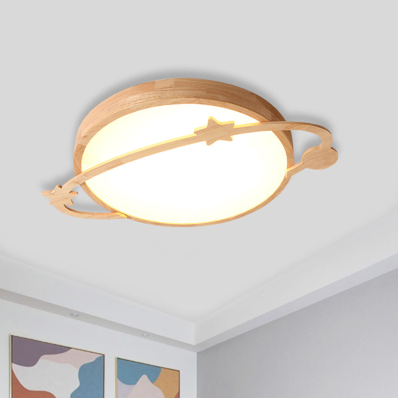Kids Led Flushmount Light with Acrylic Shade Wood Planet Ceiling Fixture for Bedroom
