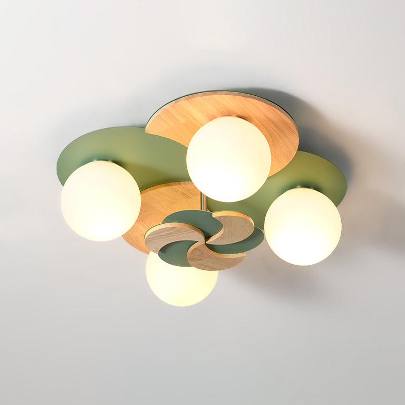 Nordic Windmill Wood Semi-Flush Mount Lighting 4 Bulbs Ceiling Fixture for Bedroom in Green/White