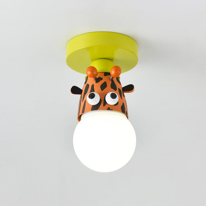 Single Bulb Bedroom Semi-Flush Mount Lighting Kids Yellow Ceiling Lamp with Giraffe / Monkey / Tiger Metal Shade