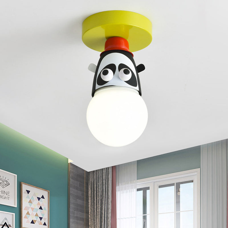 Single Bulb Bedroom Semi-Flush Mount Lighting Kids Yellow Ceiling Lamp with Giraffe / Monkey / Tiger Metal Shade