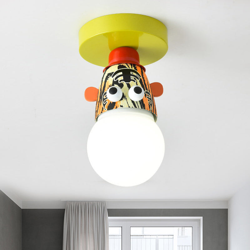 Single Bulb Bedroom Semi-Flush Mount Lighting Kids Yellow Ceiling Lamp with Giraffe / Monkey / Tiger Metal Shade