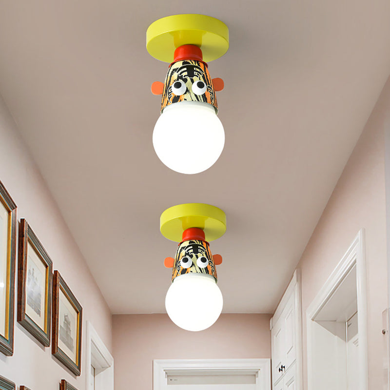 Single Bulb Bedroom Semi-Flush Mount Lighting Kids Yellow Ceiling Lamp with Giraffe / Monkey / Tiger Metal Shade